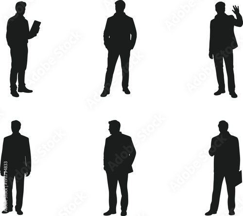 Businessman Silhouette Set, Standing Professional Male Figures Collection with Tablet and Briefcase, Black Corporate Vector Illustration Isolated on White Background