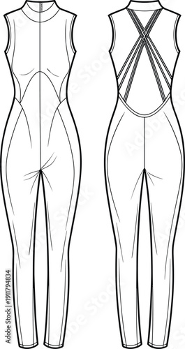 Cad drawing flat vector illustration of sleeveless jumpsuit template with fitted pants, cutout front, crisscross back straps, fashion design