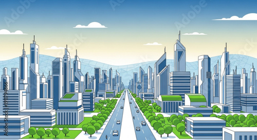 Modern cityscape with skyscrapers and a highway representing urban development and future city concepts vector illustration