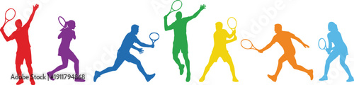 Colorful tennis player silhouettes set isolated on white background, men and women playing sport vector illustration collection