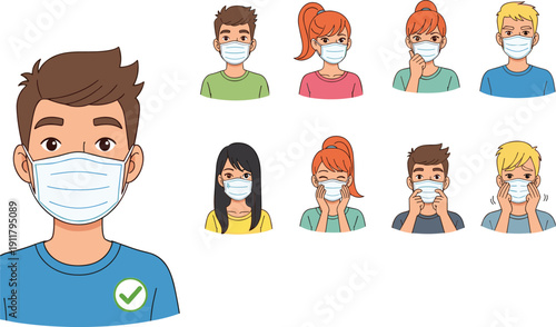 Correct and incorrect mask usage, cartoon character set, health safety illustration, face mask posture guide, pandemic behavior vector design