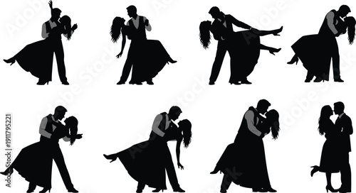 Couple dance silhouette set, romantic ballroom poses, black vector art, elegant movement illustration, partner choreography design pack
