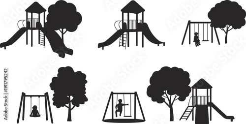 Children Playground Silhouette Collection, Slides Swings Playhouse and Trees Set with Kids Playing, Black Park Vector Illustration Isolated on White Background