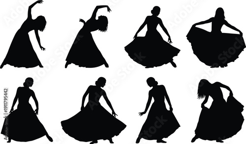 Dance silhouette collection, graceful female poses, flowing dress movement, artistic vector set, expressive choreography, elegant dancer illustration, black figure art