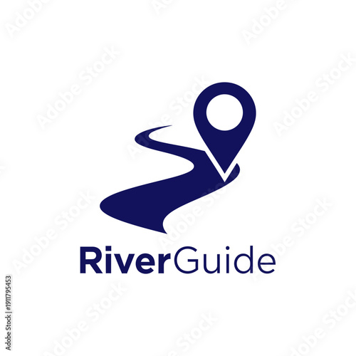 Winding blue river path with location pin map pointer icon for outdoor tourism or navigation service logo for a brand named RiverGuide