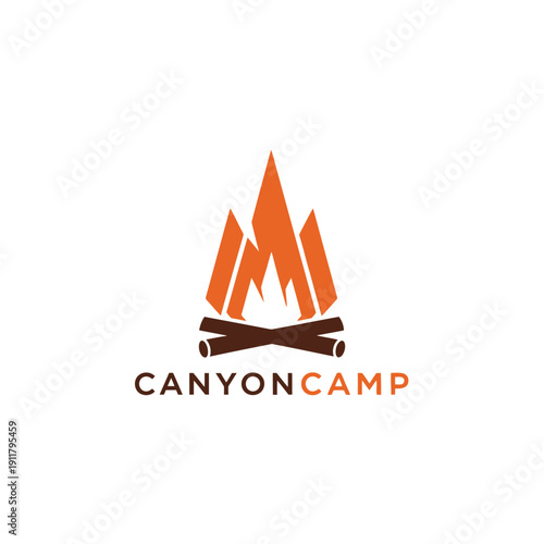 Burning bonfire firewood icon for outdoor camping adventure or summer forest scouting service logo of a company named CANYON CAMP