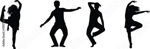 Dance silhouette set, expressive poses, black vector art, modern choreography, ballet and hip-hop movement, elegant figure illustration, dynamic dancer design