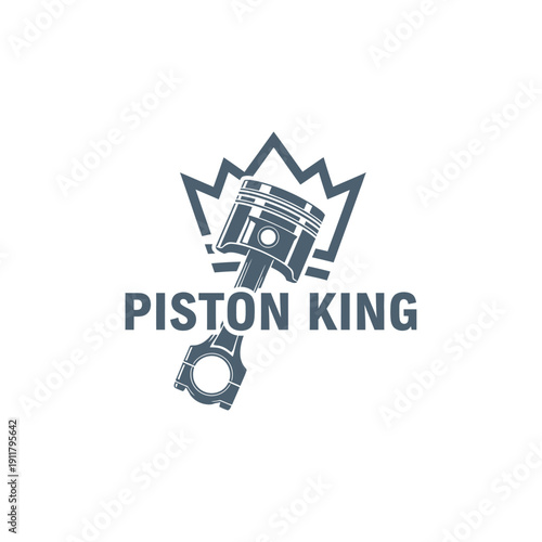 Mechanical engine piston with royal crown icon for automotive repair shop or engine tuning service logo of a company named PISTON KING