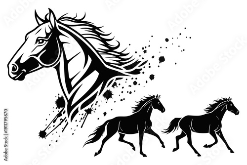 A dynamic black silhouette illustration of three galloping horses. The lead horse is shown in a powerful close-up profile with flowing mane, while two smaller horses run behind it.