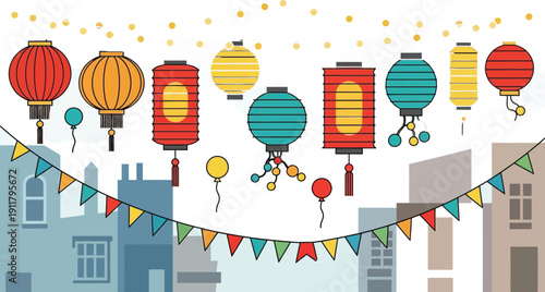 Colorful Asian paper lanterns and festive bunting decorate the skyline above stylized city buildings for a celebration.
