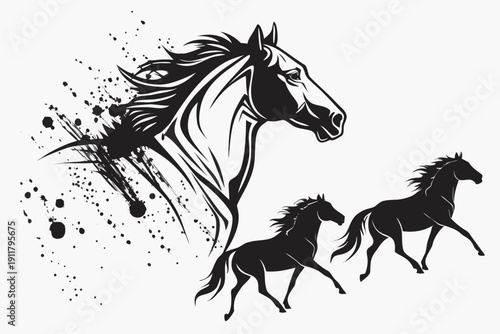 a minimalist, black-and-white digital illustration of horses. It features a large, detailed stylized horse head on the left with a flowing mane and dynamic ink splatter effects trailing behind it.