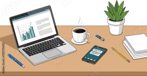 Laptop displays upward trending bar charts next to a coffee cup, smartphone, and stacked papers on a clean workspace.