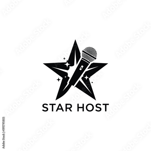 Professional microphone with shining star icon for entertainment agency or public speaking podcast logo of a brand named STAR HOST