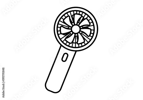 Minimalist Line Art Illustration of a Portable Handheld Personal Fan, Ideal for Cooling on Hot Days, Travel, and Outdoor Activities