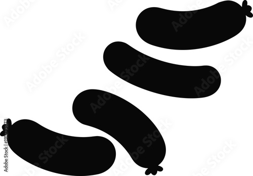 Minimalist black silhouette illustration of sausages with tied ends, arranged diagonally, perfect for food industry, culinary design, butcher shop branding, and meat product iconography.