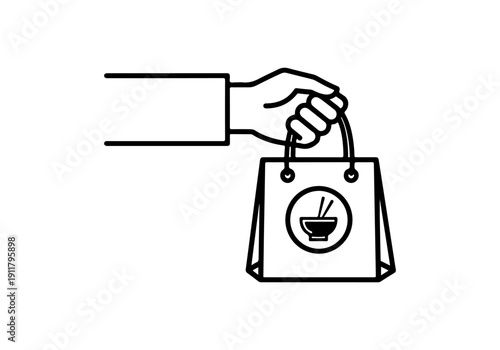 Outline illustration of a hand presenting a take-out paper bag with a bowl and chopsticks logo, symbolizing convenient food delivery or takeaway service