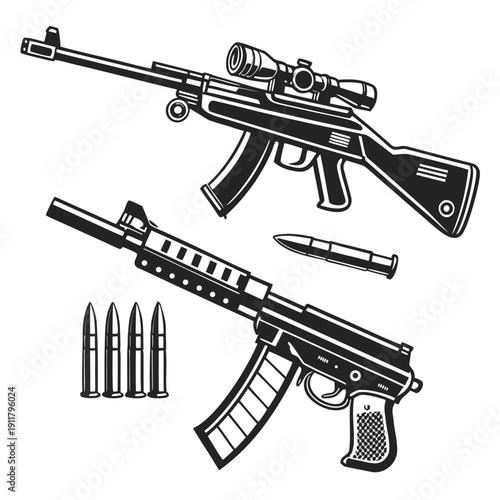 Two guns and bullets are shown in a simple line drawing Vector