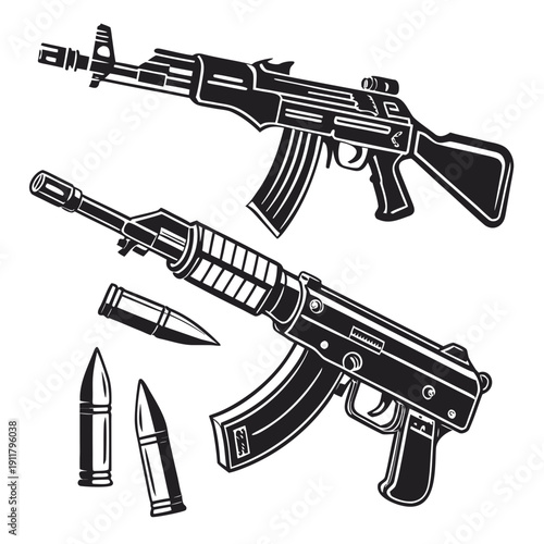 Two black and white illustrations of assault rifles and bullets Vector