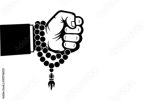 A powerful illustration of a human fist holding traditional prayer beads with a symbolic trident, embodying spiritual strength, devotion, and steadfast faith