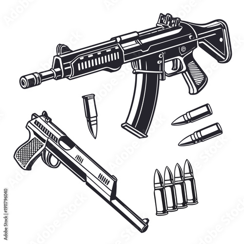 Image of guns and bullets on a white background Vector