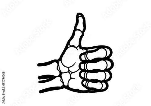 Stylized black and white graphic illustration of a human hand making a thumbs-up gesture. Symbolizes approval, success, positive feedback, and agreement. A concept for excellence