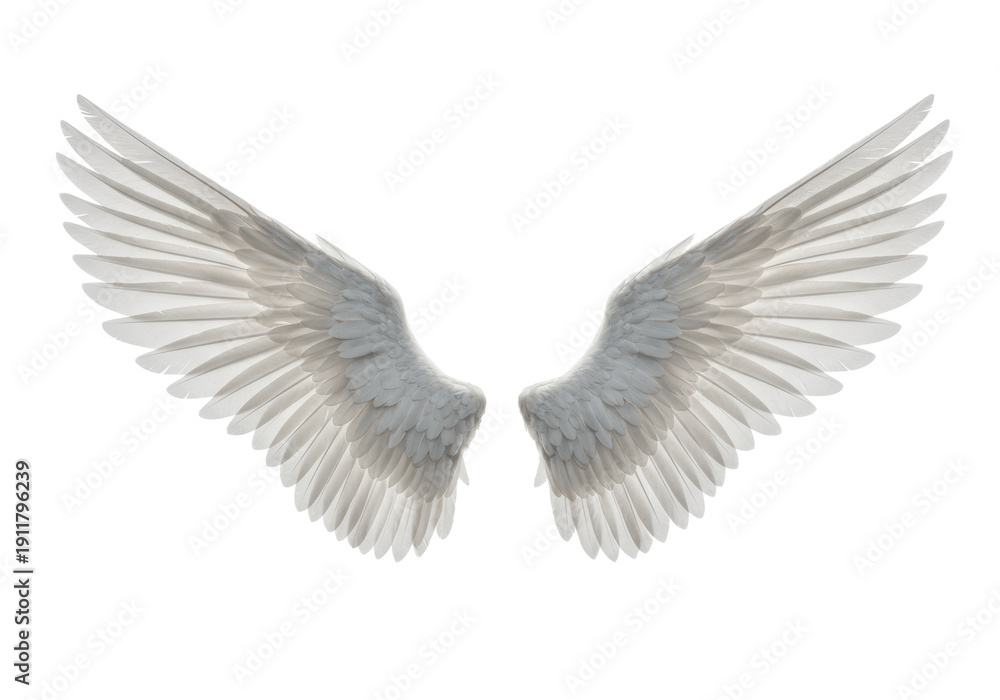 Obraz premium A majestic pair of realistic white feathered wings, meticulously detailed with natural sheen, isolated on a pristine transparent background with copy space, professional studio photo, concept of