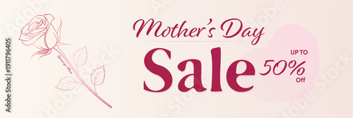 Mother’s Day Sale Banner with 50 Percent Discount and Line Art Rose