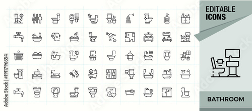 Bathroom icon set. Thin line icons set. Contains outline symbols like toilet, room, wash room, sanitary. Pixel perfect. Editable stroke. Wash Room related icon set.