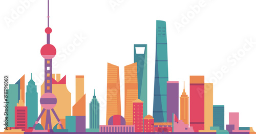 Shanghai Skyline Vector Illustration, Modern China Cityscape with Skyscrapers and Oriental Pearl Tower, Colorful Urban Architecture Isolated on White Background