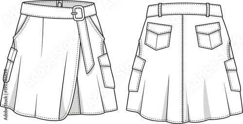 Cargo skirt CAD drawing, fashion flat vector illustration, technical sketch for apparel design, utility pockets, front and back view