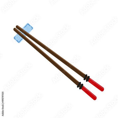 Traditional Asian chopsticks with red handles on a rest, isolated vector illustration. Flat design style icon isolated