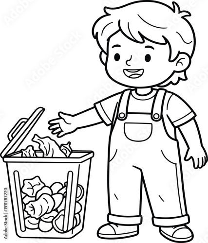 Cartoon child cleaning, trash disposal, hygiene education, waste bin illustration, environmental awareness, responsible behavior, recycling concept, vector drawing, smiling kid, overalls