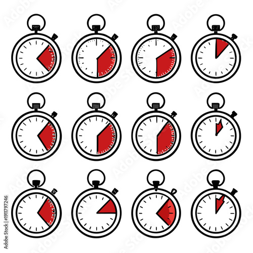 A collection of stopwatch faces with varying red segments Vector