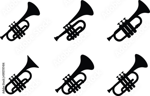 Trumpet Silhouette Set, Brass Musical Instrument Collection in Different Angles, Black Jazz Band Vector Illustration Isolated on White Background