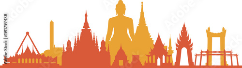 Thailand Skyline Vector Illustration, Bangkok Landmarks and Famous Temples Cityscape Collection, Colorful Thai Architecture Isolated on White Background