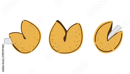 Set of cartoon fortune cookies, vector illustration isolated. This vector illustration features a simple, flat design with golden-yellow colors. Represents luck, destiny, and Asian cuisine