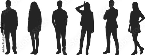 Young Adults Silhouette Set, Standing Men and Women Full Body Figures Collection, Black Human Vector Illustration Isolated on White Background