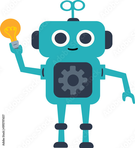 Cute wind-up robot holding a lightbulb icon. Vector illustration of innovation, and creativity