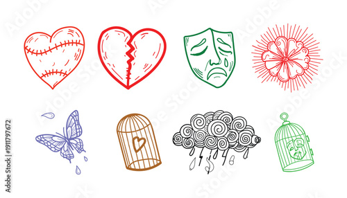 Emotional Symbol Line Art Vector Set – Broken Heart, Sad Mask, Butterfly, Cage, Storm Cloud Illustration Collection