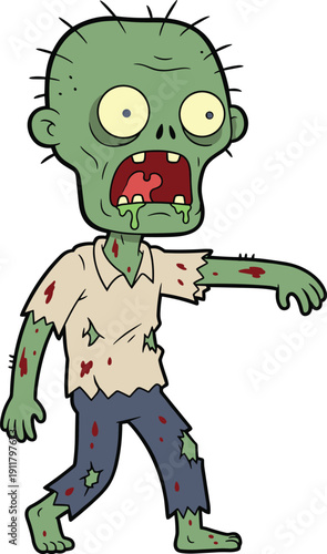 Cartoon zombie character with torn clothes – spooky undead creature with green skin, bulging eyes, and open mouth, perfect for Halloween scenes