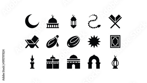 Ramadan kareem islamic symbols and icons set crescent moon mosque lantern prayer beads and more on white background