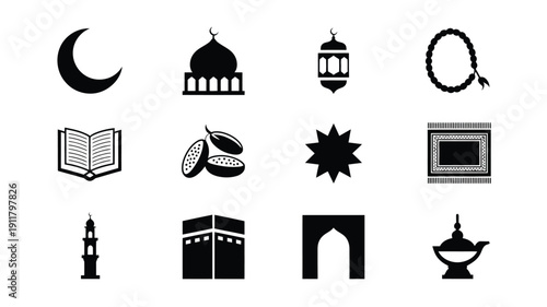 Islamic symbols and icons set including mosque crescent moon lantern prayer beads holy book dates star rug minaret kaaba arch and oil lamp on white background for ramadan and eid