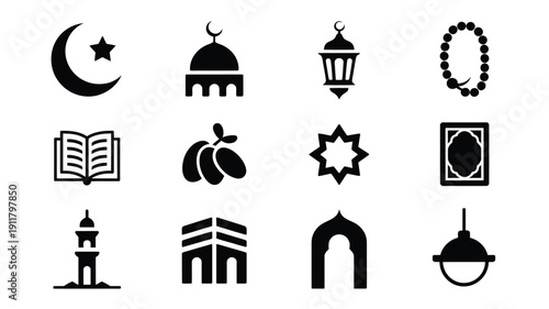 Islamic symbols and icons set including crescent moon mosque lantern and quran on white background