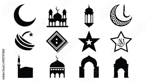 Islamic holy month symbols set including mosques crescent moons stars and lanterns in black silhouette on white background for ramadan and eid celebrations