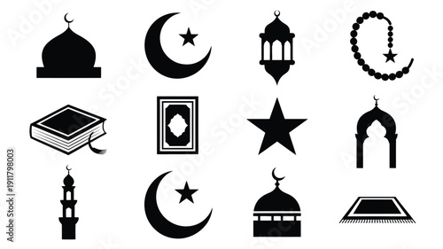 Ramadan kareem silhouette logo set with mosque crescent moon star lantern prayer beads and quran symbolizing islamic faith and culture