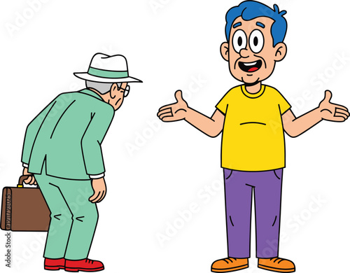 Cartoon, old man, young man, talking, communication, generation gap, animated characters, business, casual, briefcase, hat, colorful, cheerful, discussion, standing, 