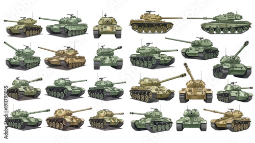 A charming watercolor collection of military tanks, including classic battle tank silhouettes, rotating turrets and long cannon barrels, and detailed tracked armor designs