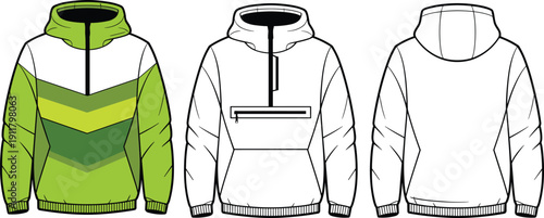 Chevron pattern hooded sweatshirt template with half-zip chest pocket, drawstring hood, front and back fashion CAD sketch views