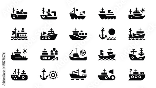 Vector icons of various sea vessels and maritime symbols including ships boats anchors and wheels on a white background