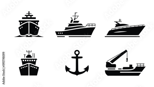 Modern minimal marine icon set in black silhouette on white background for nautical and shipping concepts